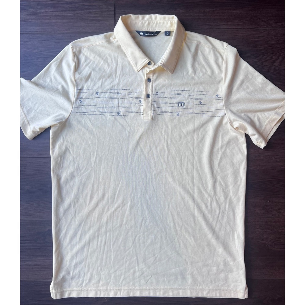 TravisMathew Mens XL Polo Shirt Yellow Palm Tree Graphic Pima Cotton Blend Golf